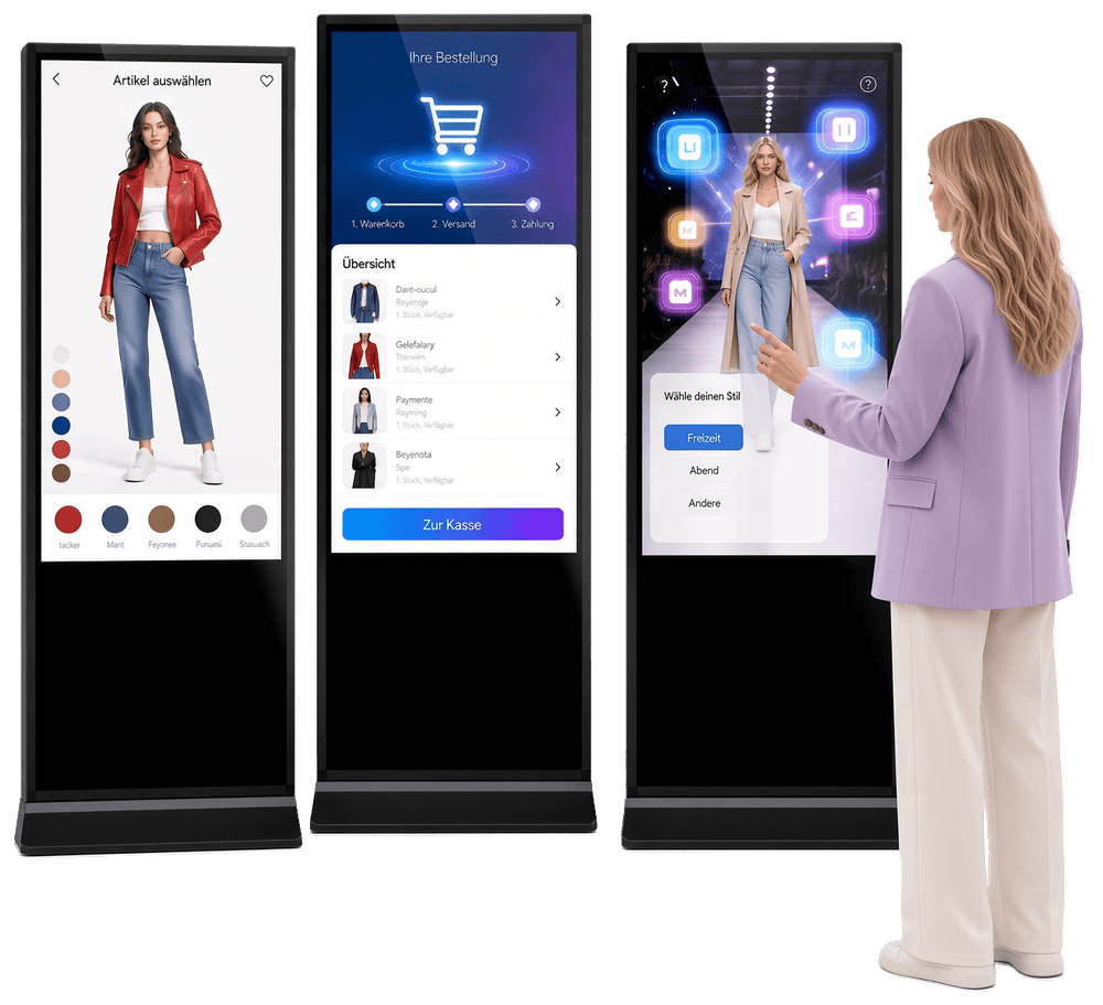Drei Bodenstelen mit Auswahl, Warenkorb und Stilberatung; eine Kundin bedient den Touchscreen